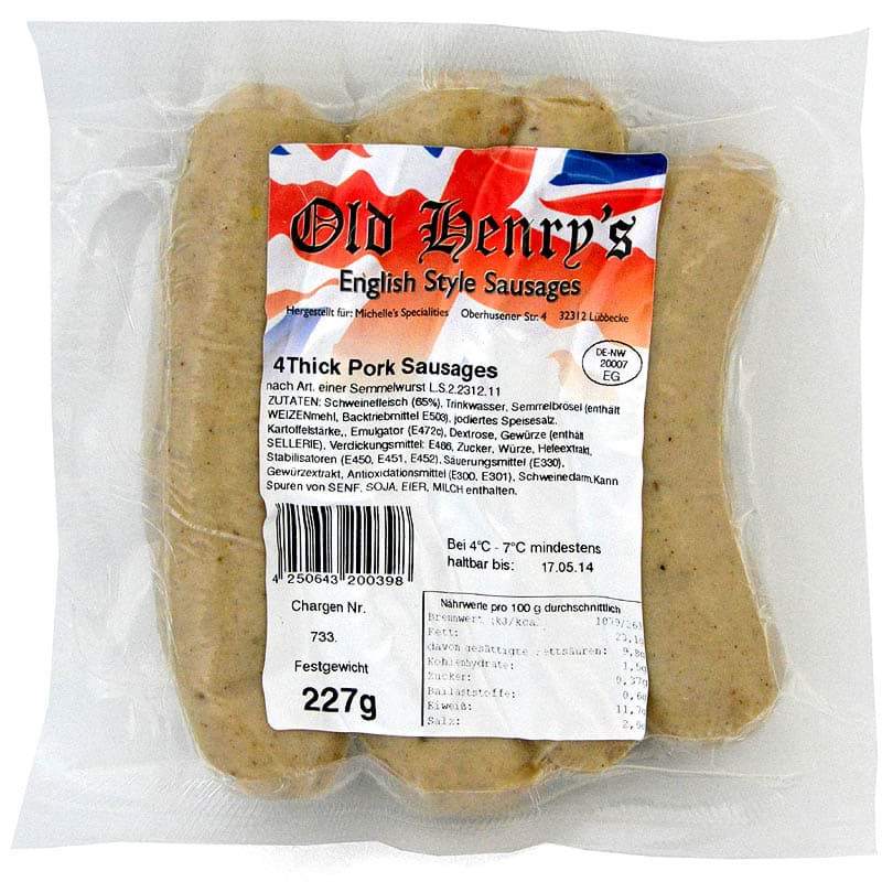 Picture of Old Henry's 4 English Style Sausages 227g