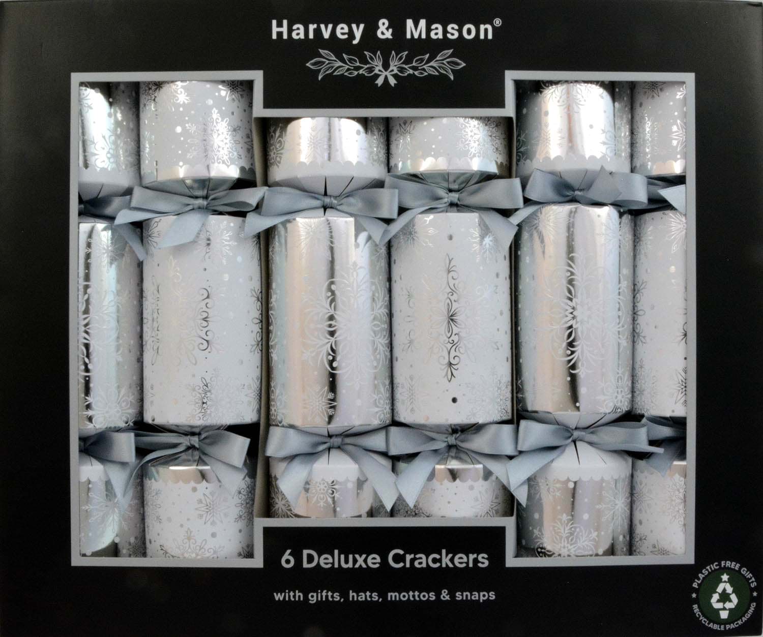 Bild von Harvey & Mason 6 Deluxe Christmas Crackers Silver Snowflake