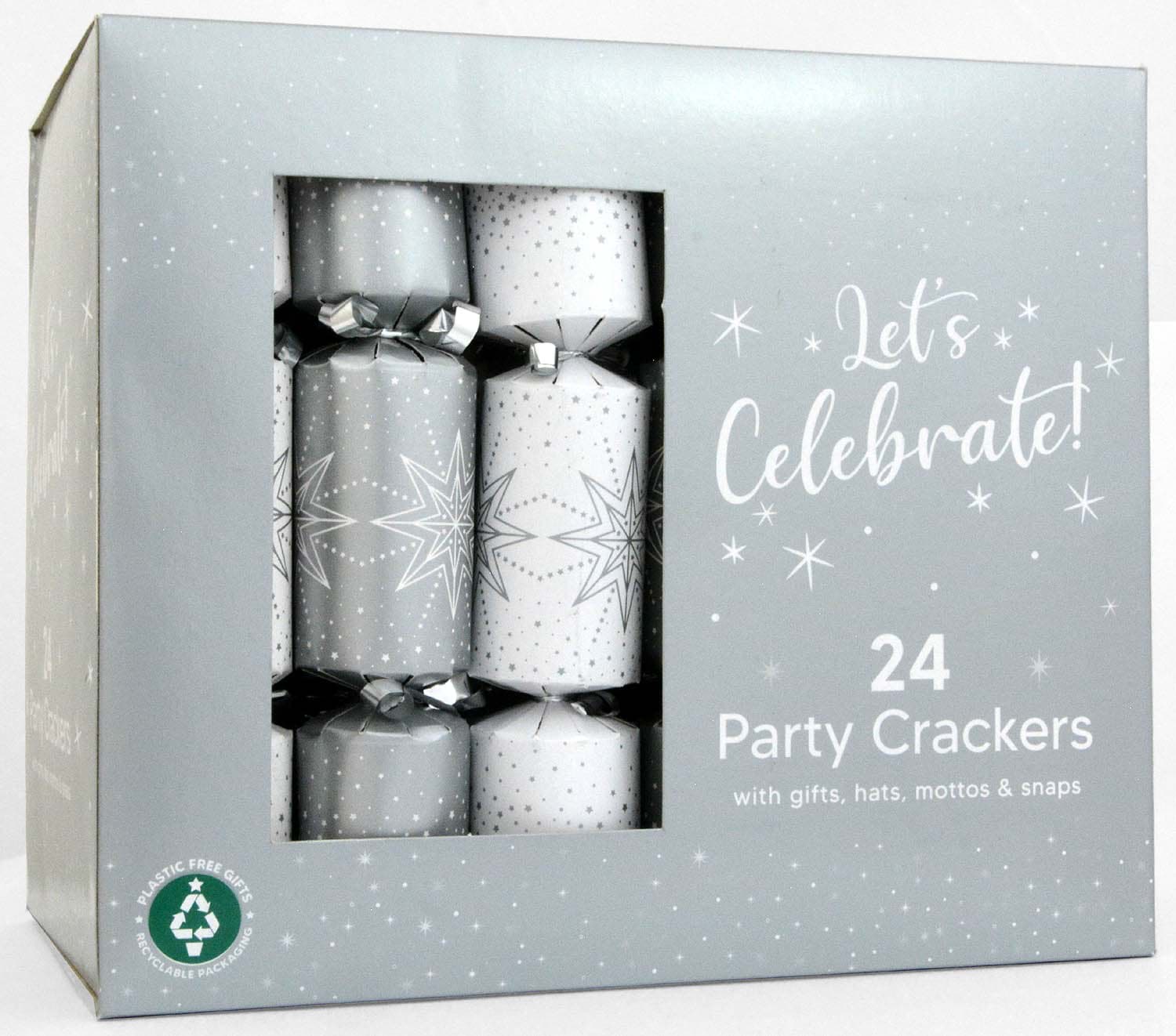 24 Party Christmas Crackers Silver Stars