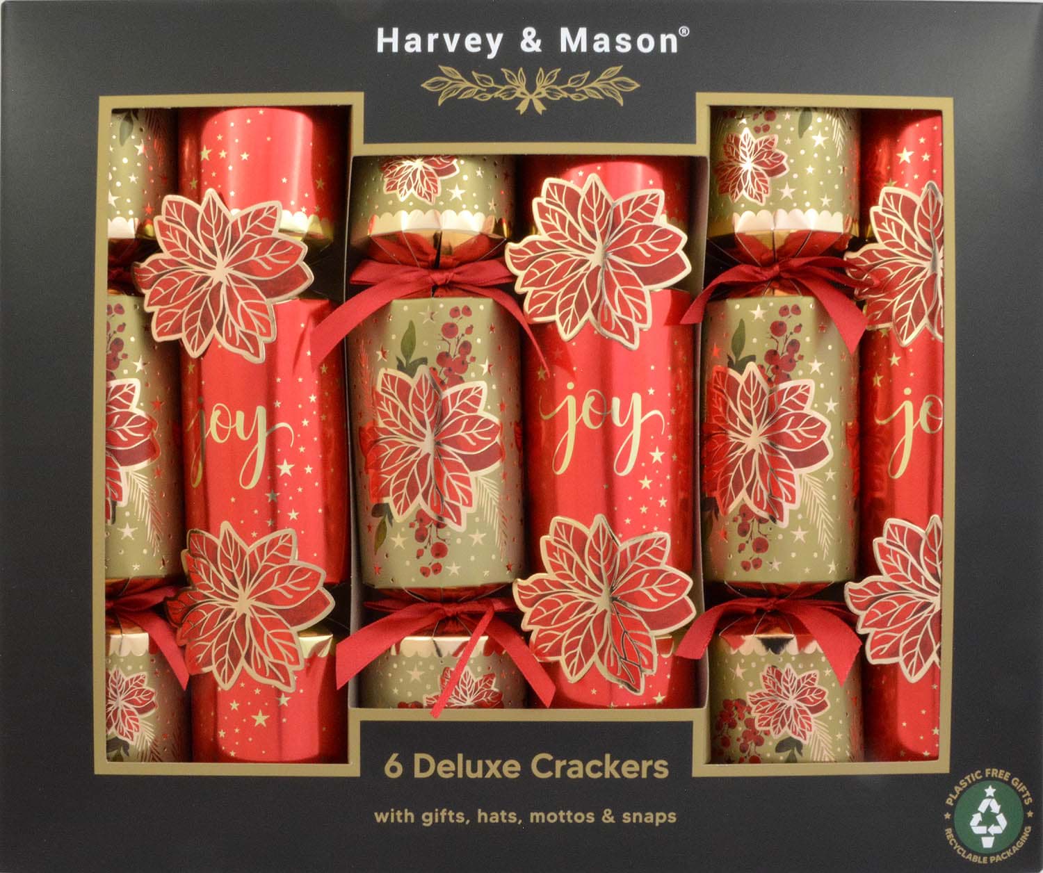 Harvey & Mason 6 Deluxe Christmas Crackers Poinsettia