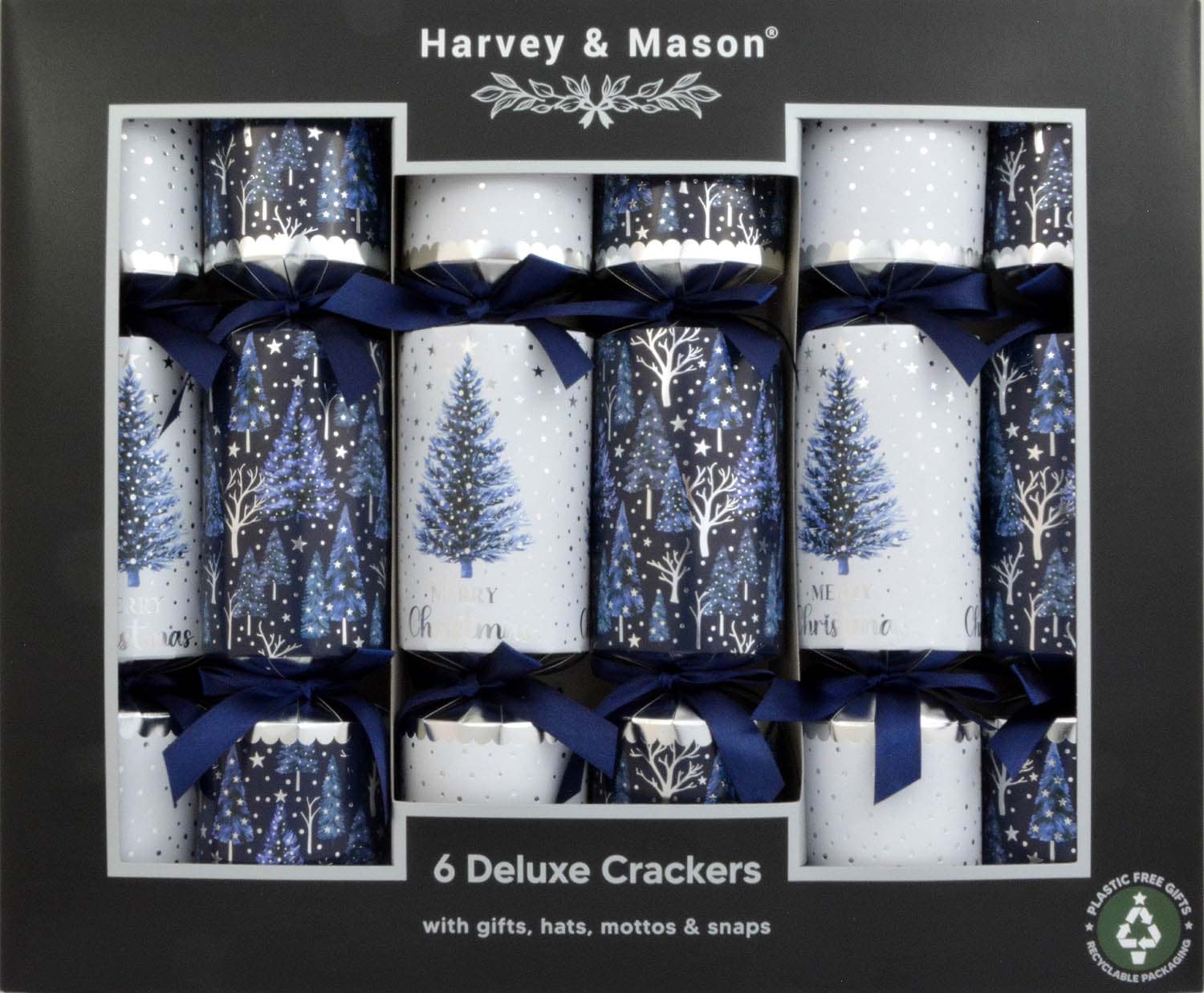 Harvey & Mason 6 Deluxe Christmas Crackers Blue Tree