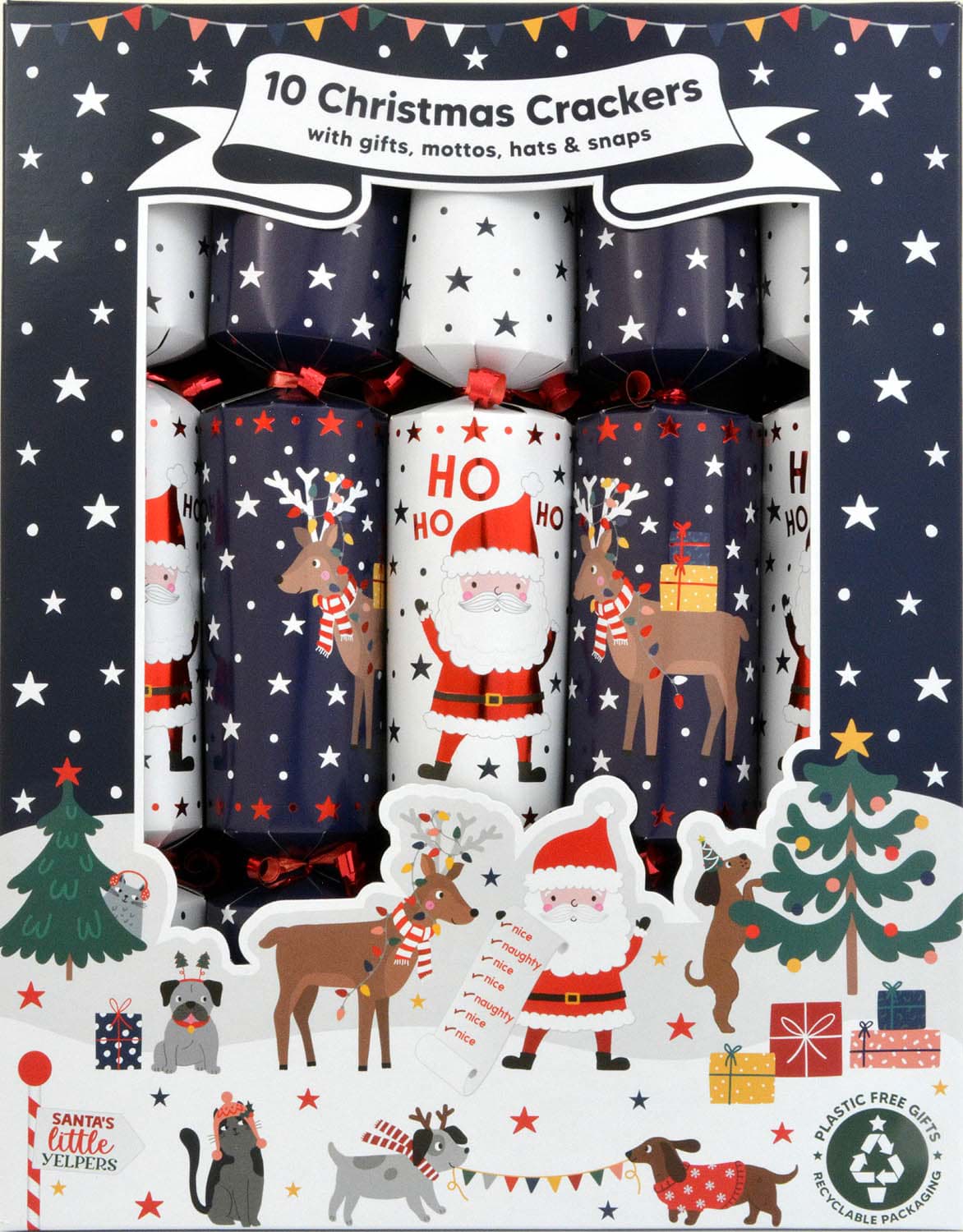 10 Family Christmas Crackers Blue Santa & Yelpers