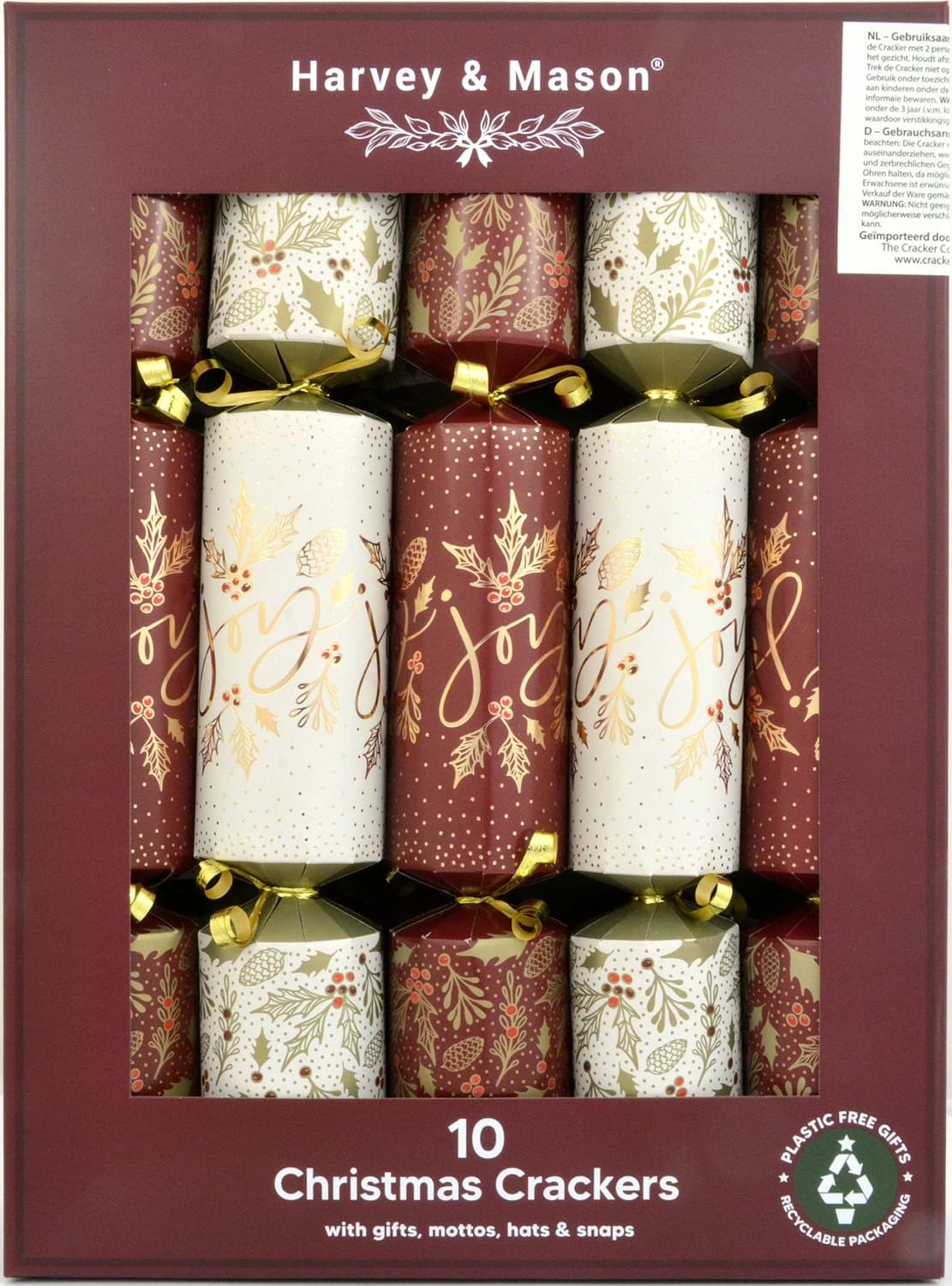 Harvey & Mason 10 Luxury Crackers Burgundy Joy