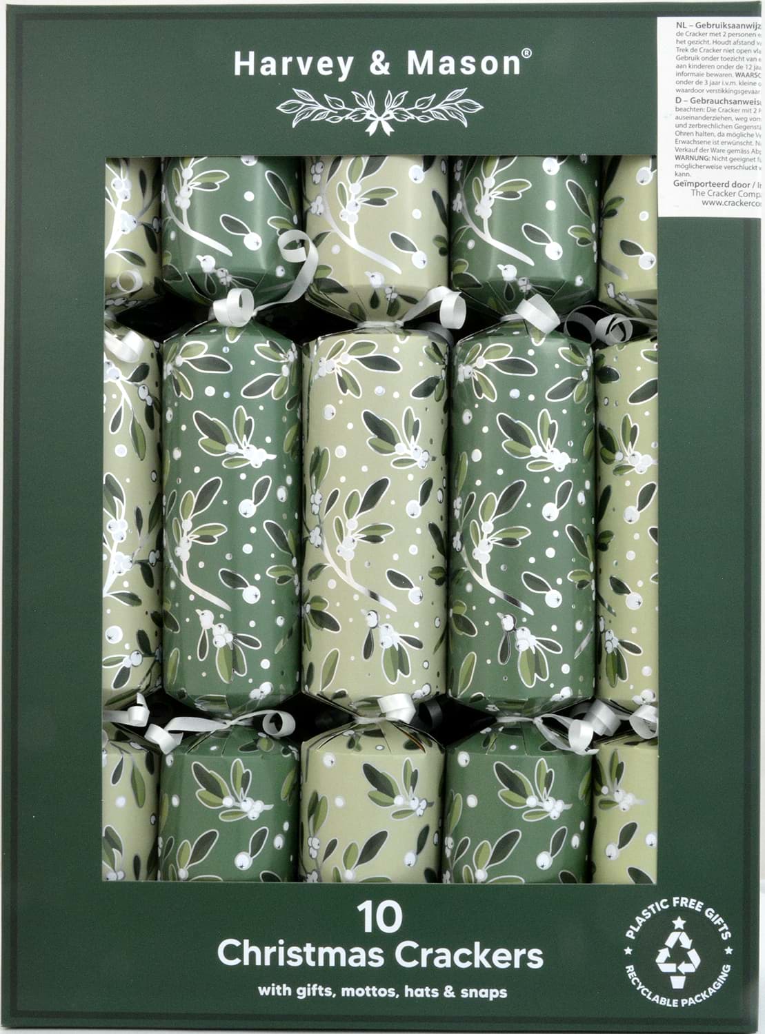 Harvey & Mason 10 Luxury Crackers Green Mistletoe