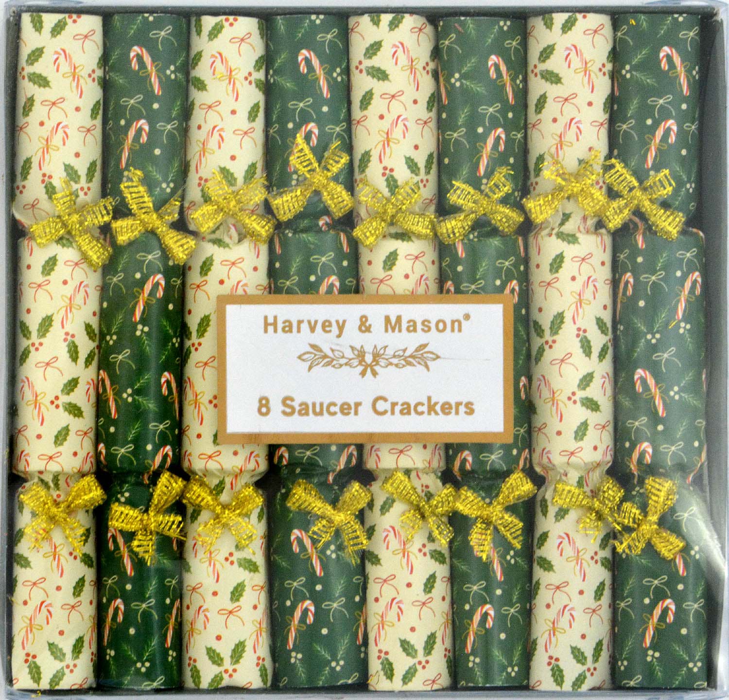 Harvey & Mason 8 Saucer Crackers Green Joy & Holly