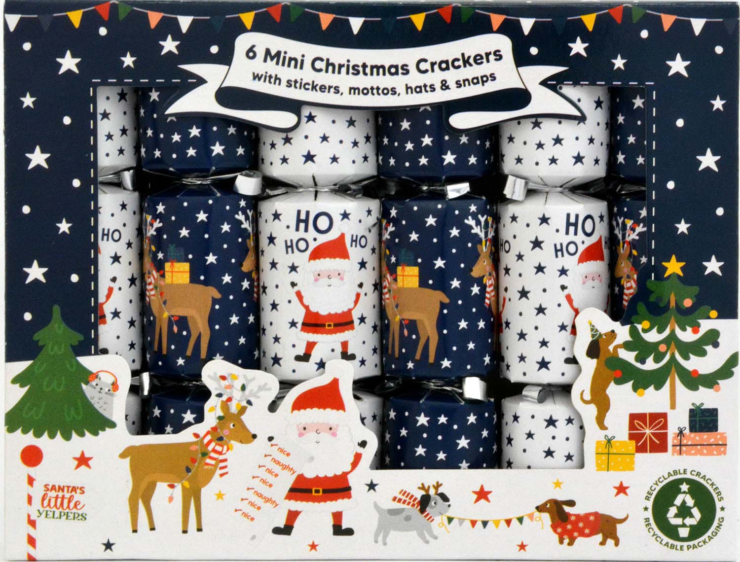 6 Mini Christmas Crackers Blue Santa & Yelpers
